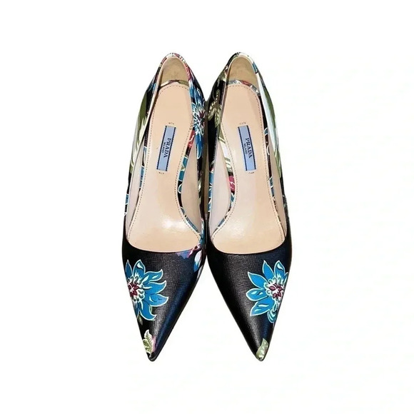 Prada Dark Floral Print Saffiano Leather Stiletto Heels Size 38 - Picture 2 of 6
